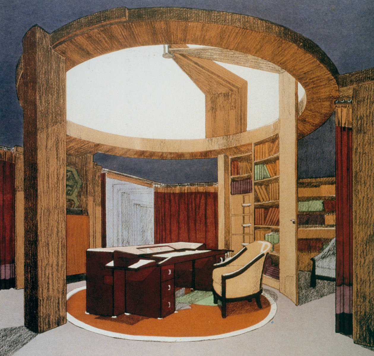 Entwurf für ein Studierzimmer (Bureau-Bibliotheque) für die französische Botschaft, von Pierre Chareau (1883-1950), präsentiert auf der Internationalen Ausstellung für dekorative Kunst in Paris, 1925, Frankreich, 20. Jahrhundert von Pierre Chareau