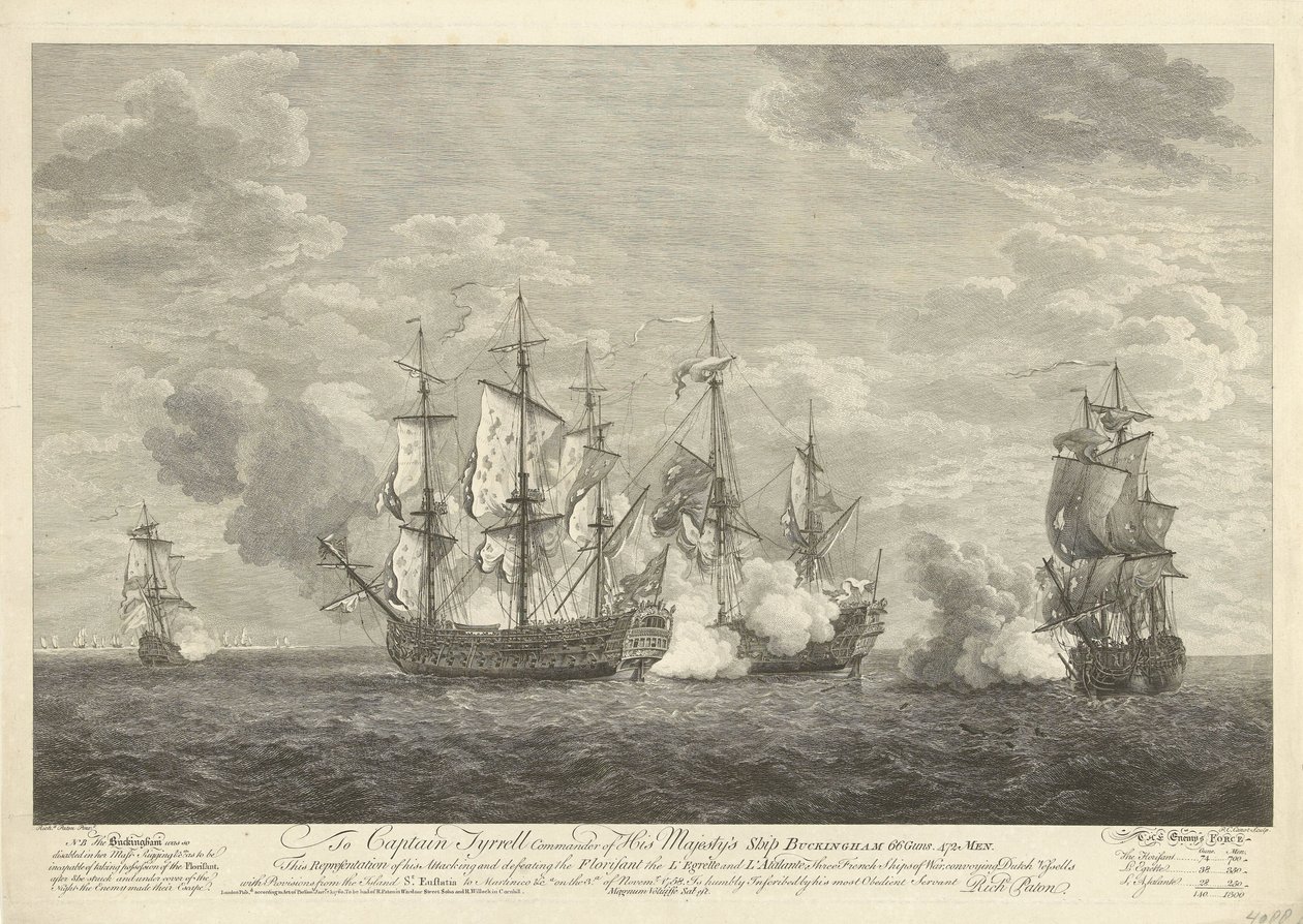 Angriff eines englischen Schiffes auf drei französische Schiffe bei Sint Eustatius, 1758 von Pierre Charles Canot