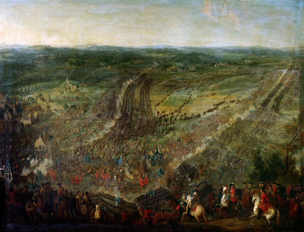 Krieg der Augsburger Liga: „Schlacht von Fleurus, gewonnen vom Marschall von Luxemburg gegen die Waffen einer Koalition der Vereinigten Provinzen, der Kaiserlichen, Spaniens und Großbritanniens, am 1.07.1690“ von Pierre Denis (attr.to) Martin