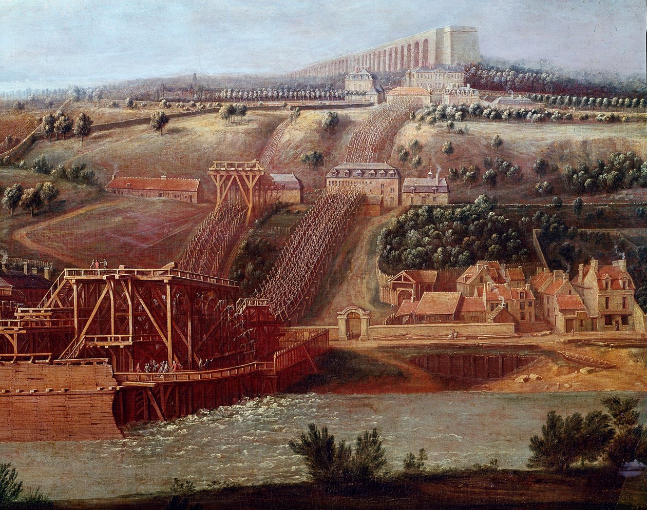 Ansicht der Maschine des Aquädukts von Marly in Bougival. Detail. Gemälde von Pierre Denis Martin (17. Jahrhundert) von Pierre Denis Martin