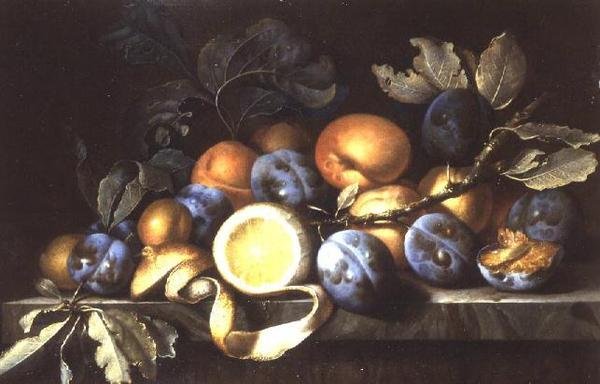 Stillleben mit Pflaumen und einer geschälten Zitrone (eines von einem Paar) von Pierre Dupuis