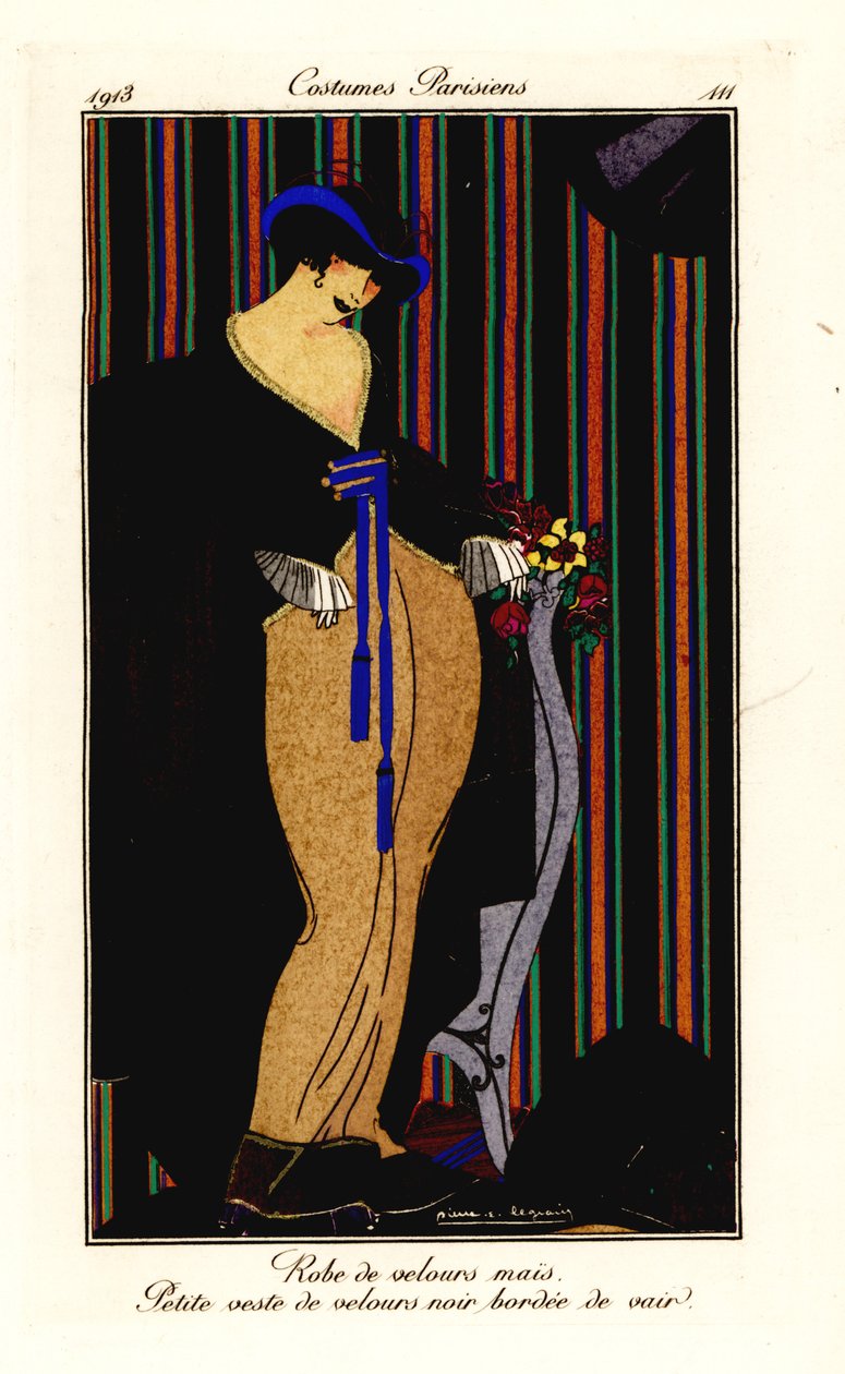 Frau in Kleid aus maisgelbem Samt mit schwarzer Weste von Pierre E. Legrain