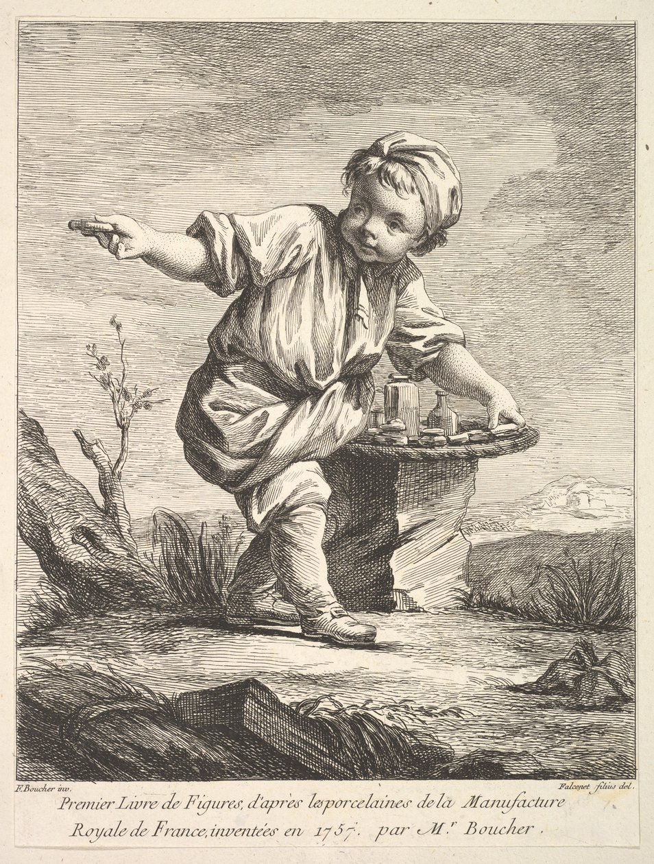 Frontispiz mit kleinem Jungen, der einen Korb hält, aus Premier Livre de Figures daprès les po..., 1757 von Pierre-Etienne Falconet