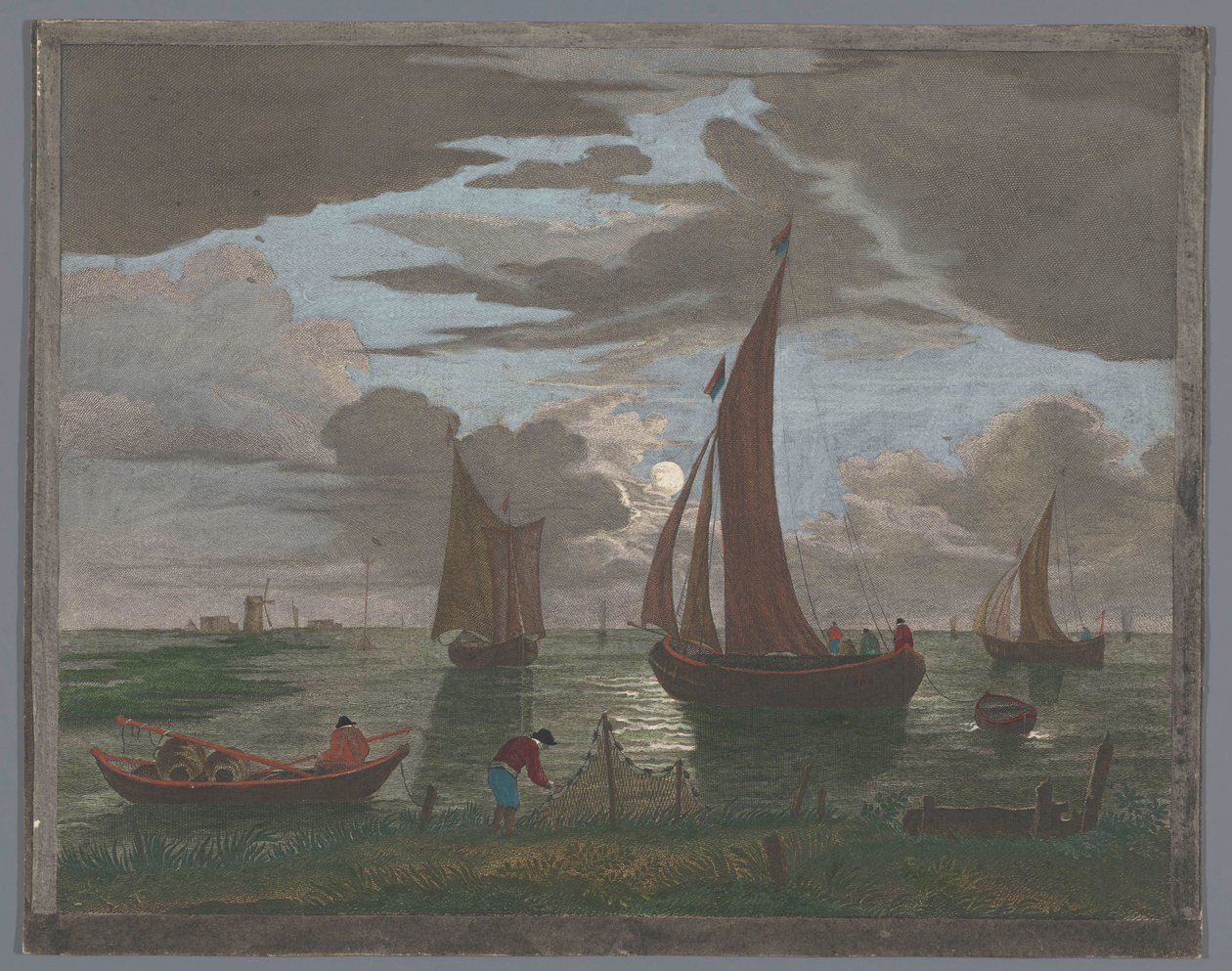 Gezicht op een kust met schepen en boten op het water bij maanlicht von Pierre François Basan