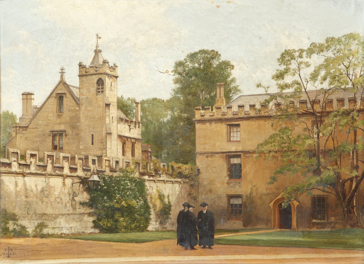 Die Grammatikhalle vom St. Johns Quadrangle im Jahr 1881: Präsident Bulley in der Lodgings Drive und zwei andere, 1881 von Pierre François Joseph Tonneau