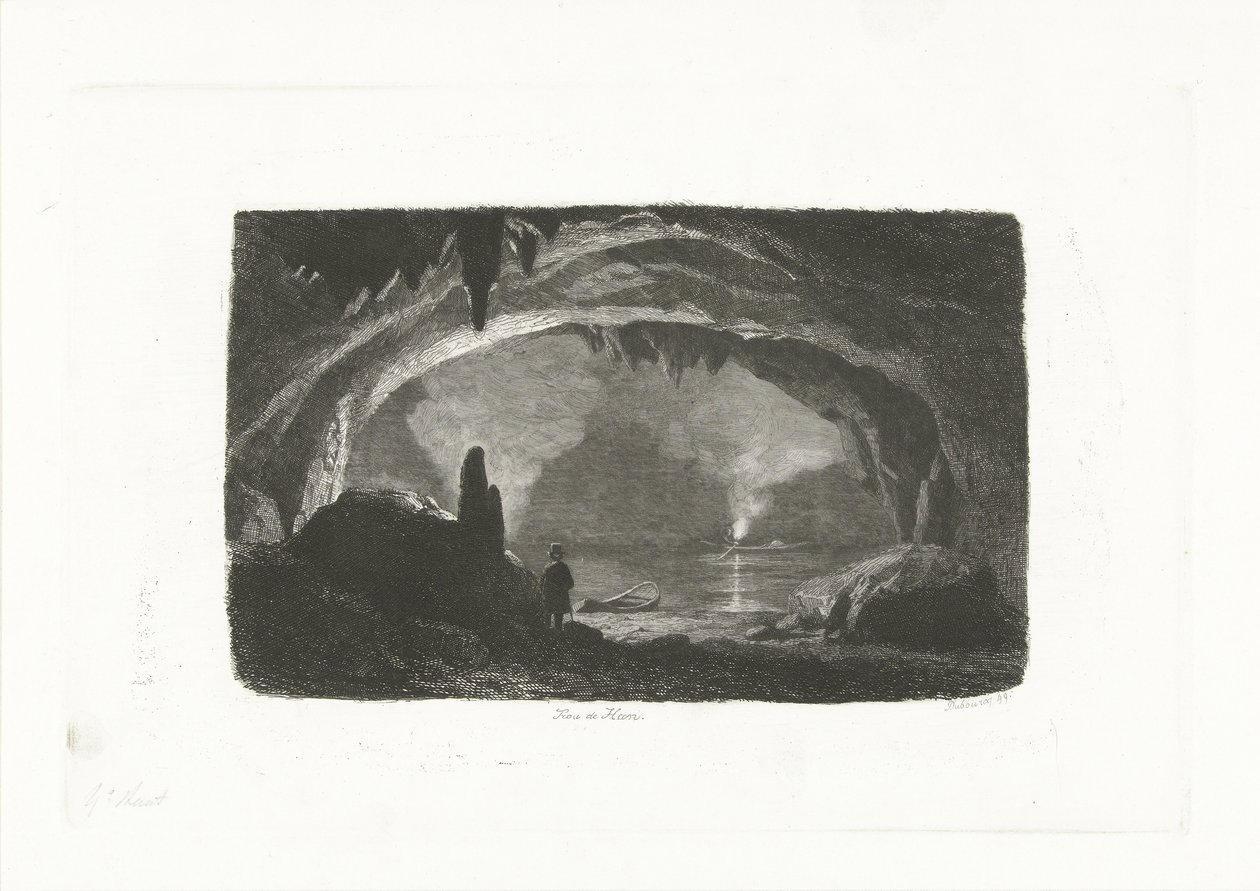 Mann mit Ruderboot in den Grotten von Han von Pierre Louis Dubourcq