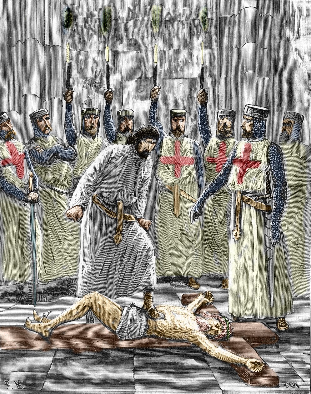 Häresie der Templer: Darstellung einer Zeremonie des Eintritts eines Ritters in den Orden des Tempels, wobei der Templer, gemäß den nach ihrer Verhaftung und ihrem Prozess im Jahr 1307 veröffentlichten Geständnissen, gezwungen wurde, Christus zu verleugnen von Pierre Mejanel