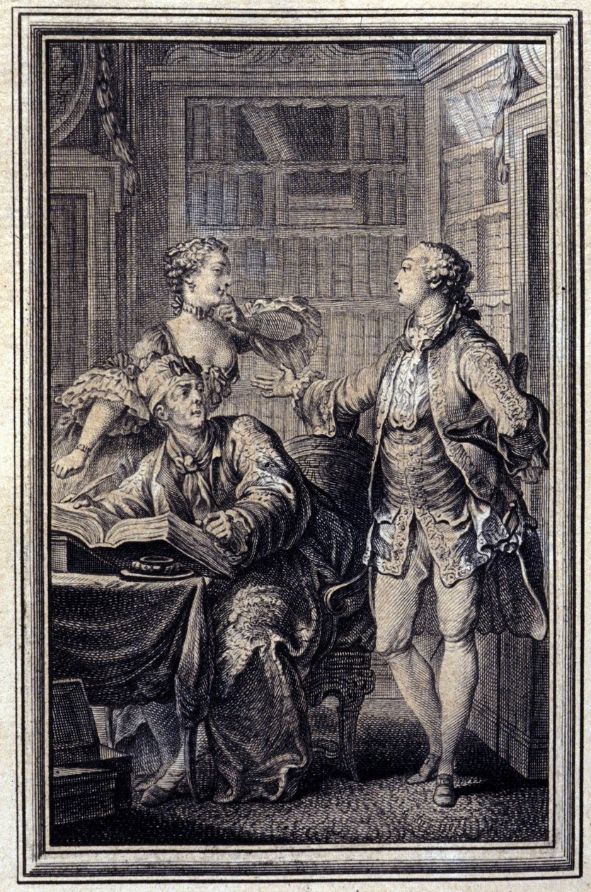 Eine geizige Frau, galanter Krok - in „Tales et nouvelles en vers“ von Jean La Fontaine. 1776. Illustration von P.P. Choffard von Pierre Philippe Choffard