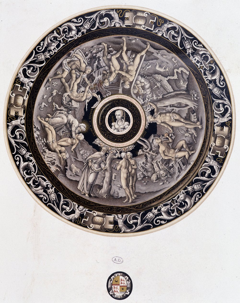 Porzellanteller aus dem 16. Jahrhundert, der die Genesis darstellt, von Pierre Reymond, Limoges von Pierre Reymond