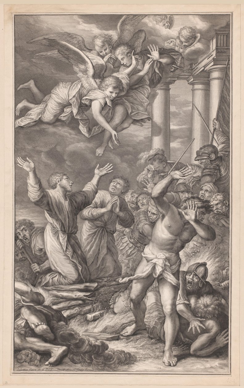 Kosmas und Damian auf dem Scheiterhaufen, umgeben von Soldaten und Engeln von Pierre Simon (I)