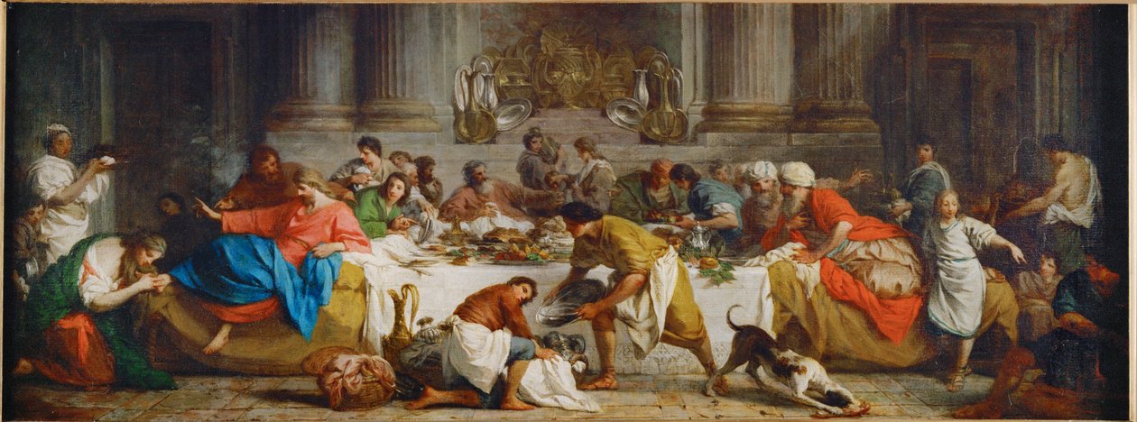 Das Mahl im Haus Simons. Martha gießt Öl über die Füße Christi und trocknet sie mit ihrem Haar von Pierre Subleyras