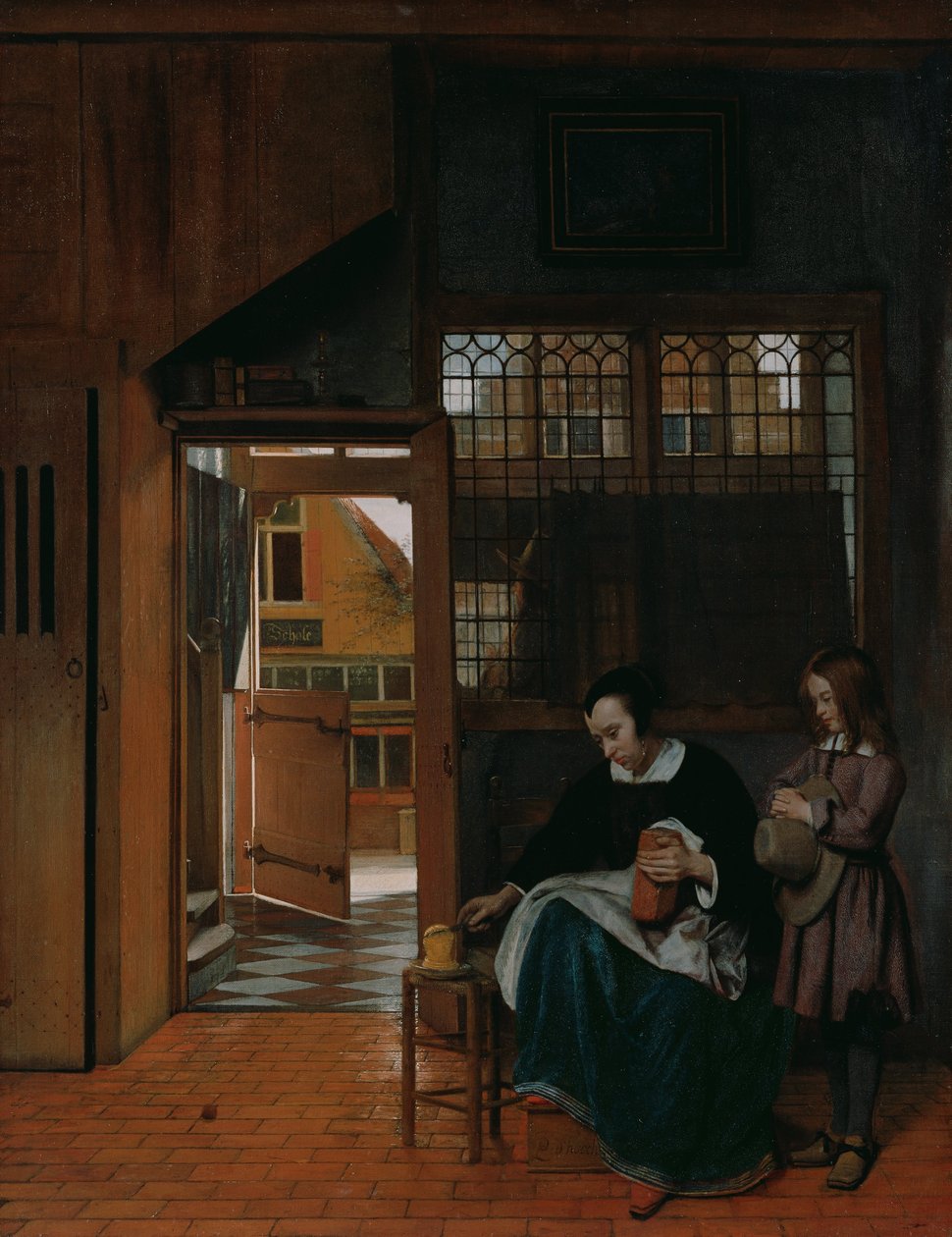 Eine Frau bereitet Brot und Butter für einen Jungen zu von Pieter de Hooch