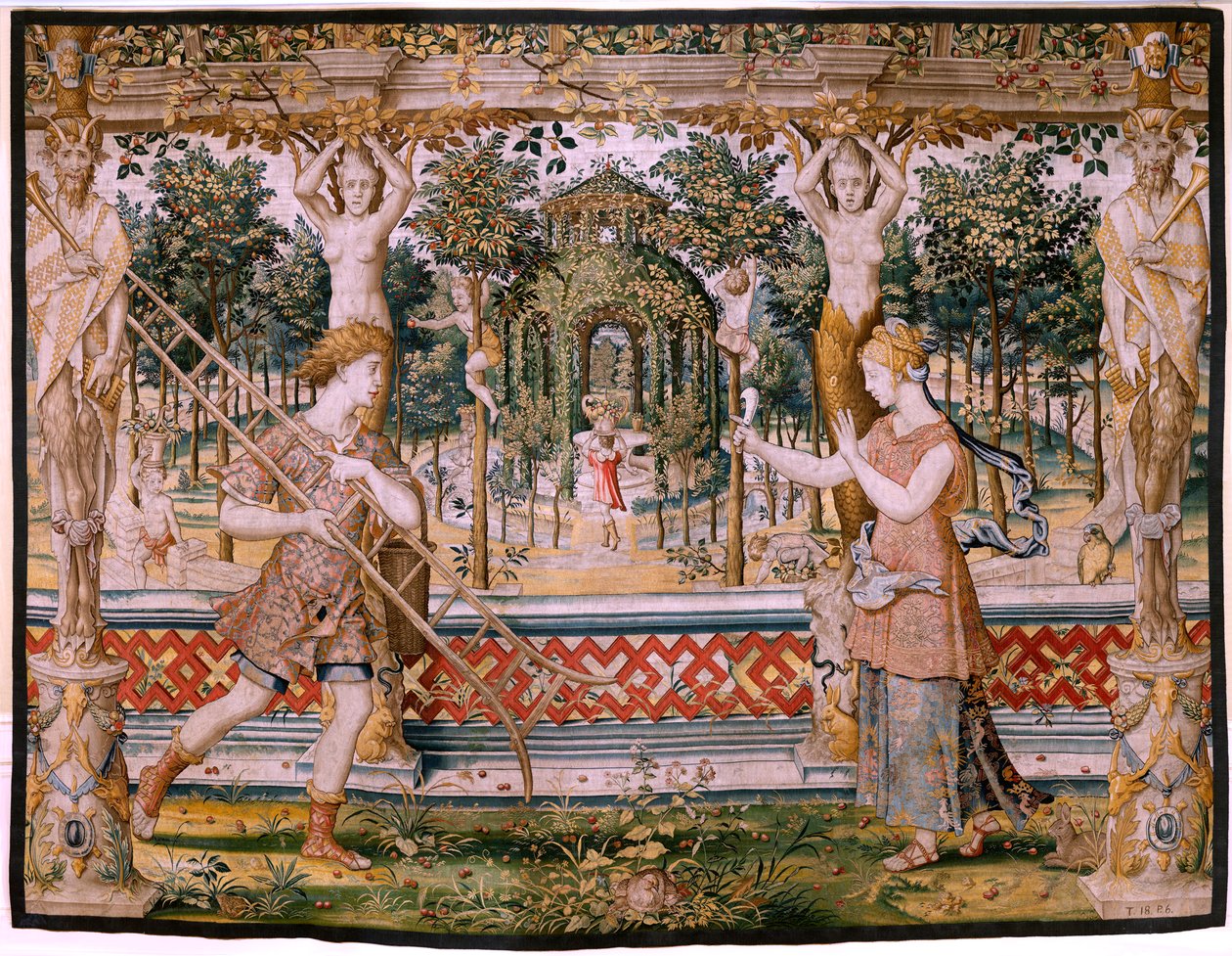 Vertumnus und Pomona; Vertumnus verwandelt sich in einen Gärtner. Fünfter Wandteppich der Serie. von Pieter (circle of) Coecke van Aelst