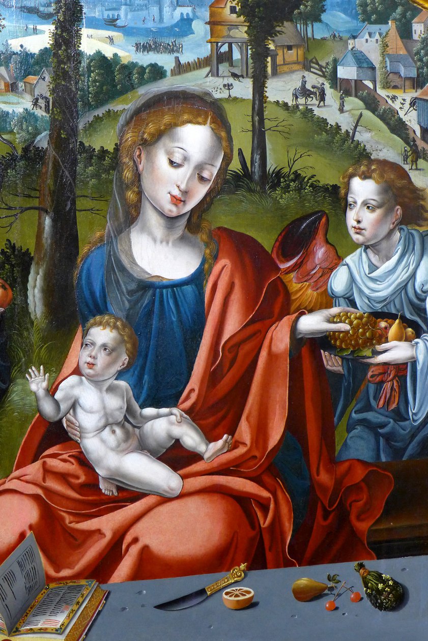 Maria, das Jesuskind und ein Engel (Detail) von Pieter (studio of) Coecke van Aelst