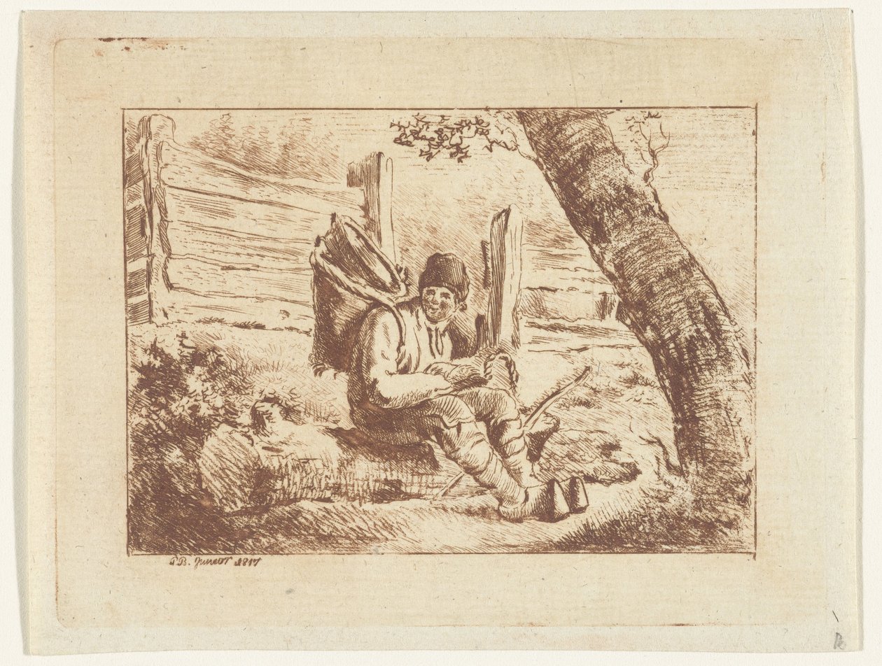 Mann sitzt mit Korb auf dem Rücken von Pieter Barbiers (IV)