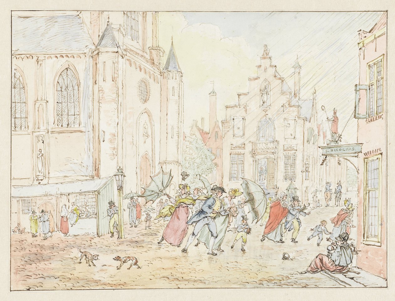 Platz mit Menschen im Regen von Pieter Bartholomeusz. Barbiers