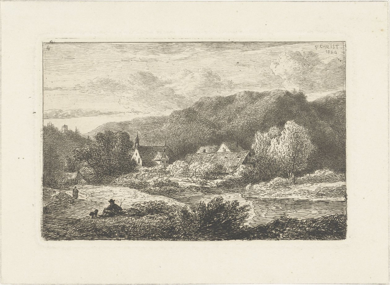 Hügellandschaft mit Kirche und Häusern von Pieter Casper Christ