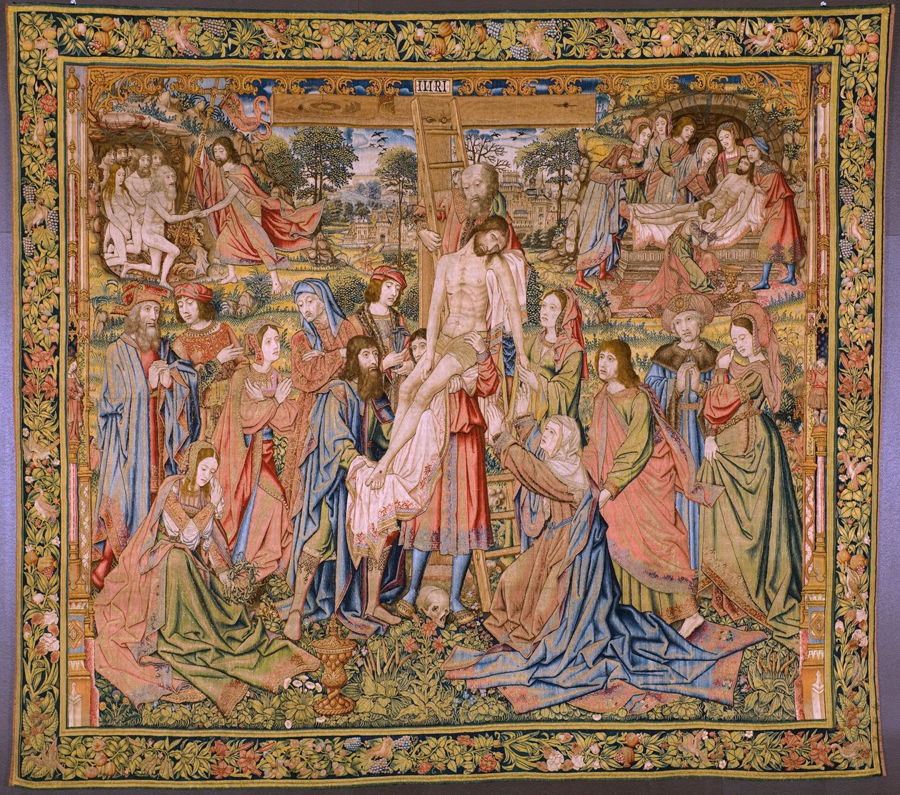 Flämischer Wandteppich. Serie Die Passion Christi: Kreuzabnahme. Herstellung Pieter van Aelst. Kartonist Jan van Roome. Ca. 1507-1520 von Pieter Coecke van Aelst