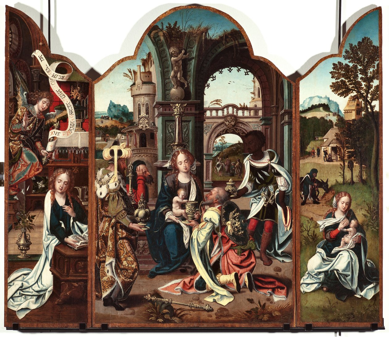 Triptychon der Anbetung der Könige Linkes Panel: Verkündigung - Rechtes Panel: Verkündigung links und Flucht nach Ägypten rechts Gemälde von Pieter Coeck van Aelst (1502-1550) 16. Jahrhundert Genes Musei di Strada Nuova (ehemals Palazzo Bianco) von Pieter Coecke van Aelst