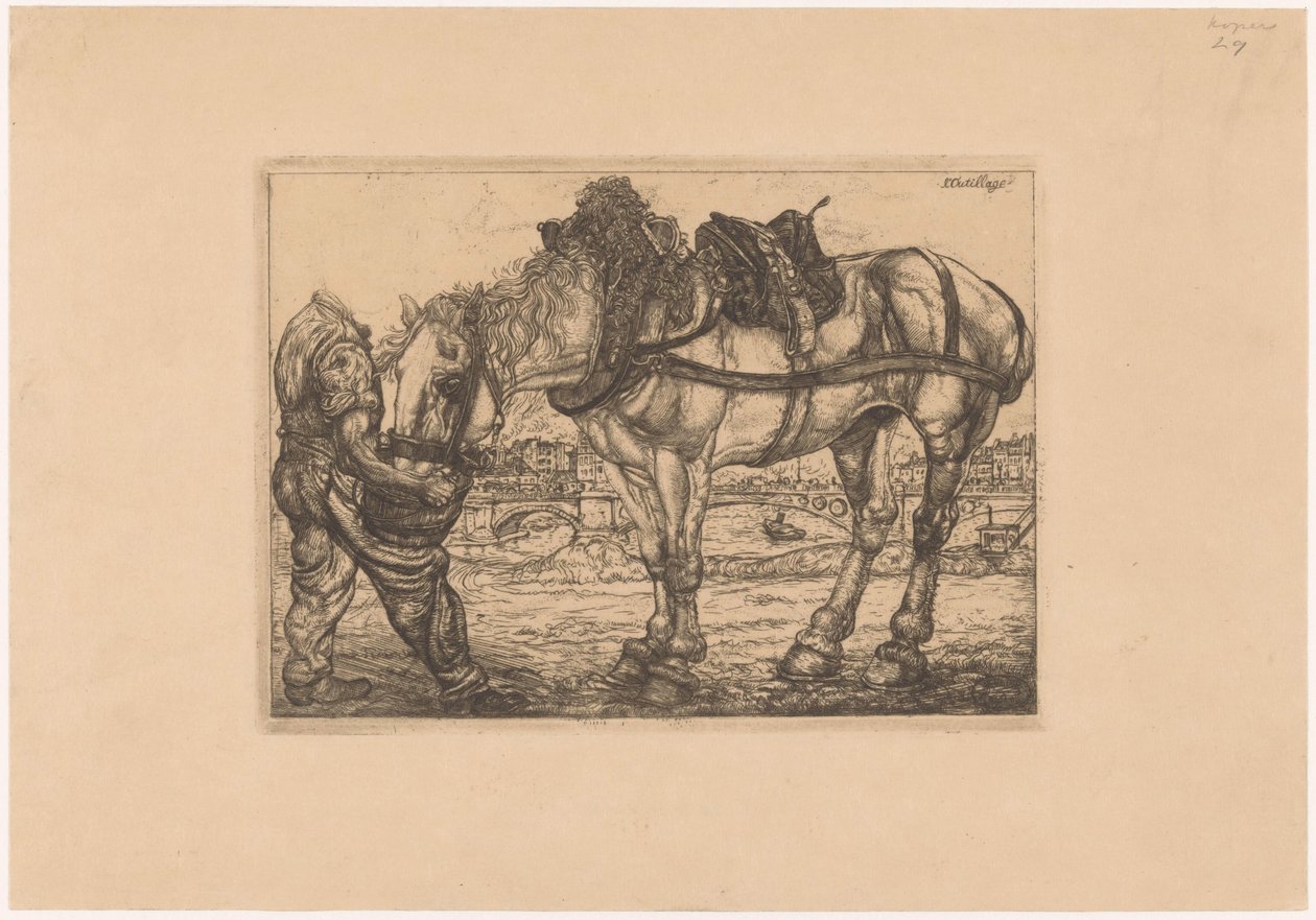 Mann füttert ein Pferd aus einem Eimer von Pieter Dupont