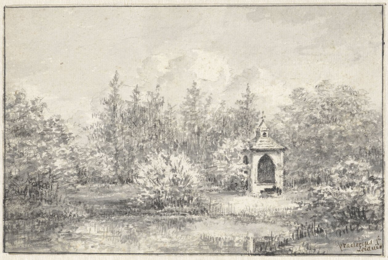 Ansicht im Park von Leiduin, mit Häuschen zwischen den Bäumen von Pieter Ernst Hendrik Praetorius