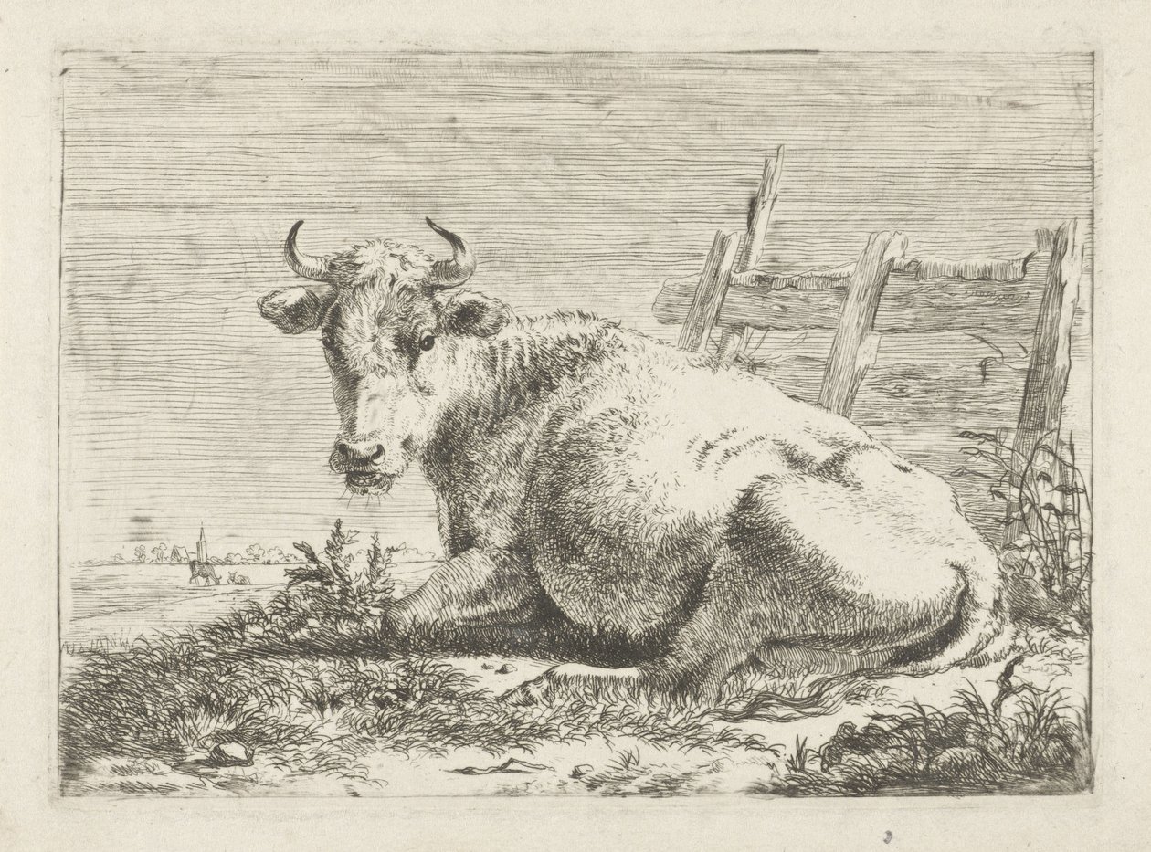 Liegende Kuh bei einem Zaun von Pieter Gerardus van Os