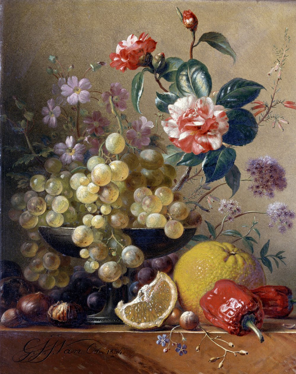 Stillleben mit Früchten, Gemüse und Blumen von Pieter Gerardus van Os