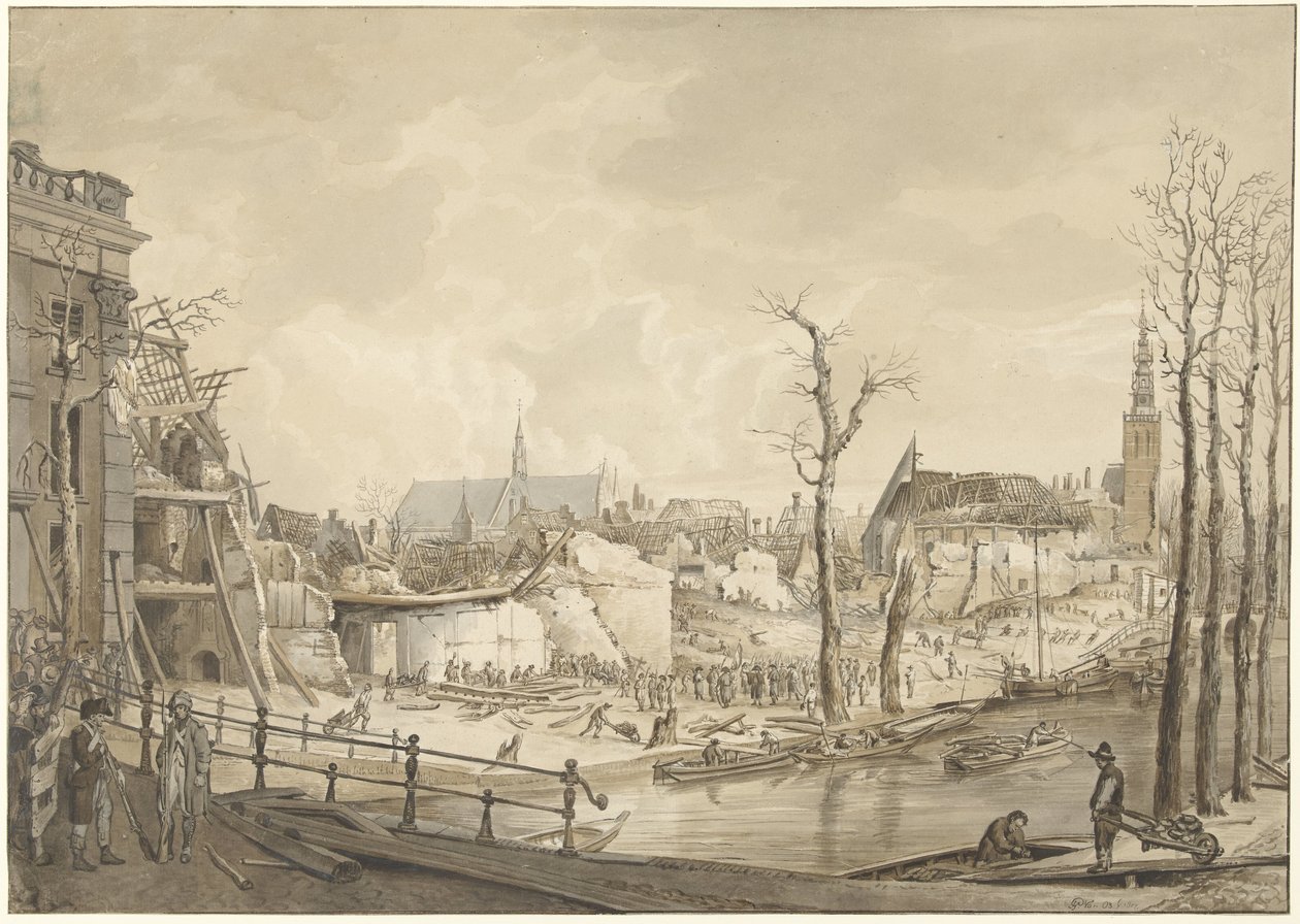 Ruinen auf der Nordseite des Steenschuur nach der Pulverexplosion in Leiden, 12. Januar 1807 von Pieter Gerardus van Os