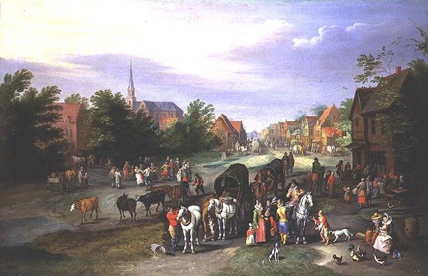 Reisende ruhen sich in einem Dorf aus von Peeter Gijsels