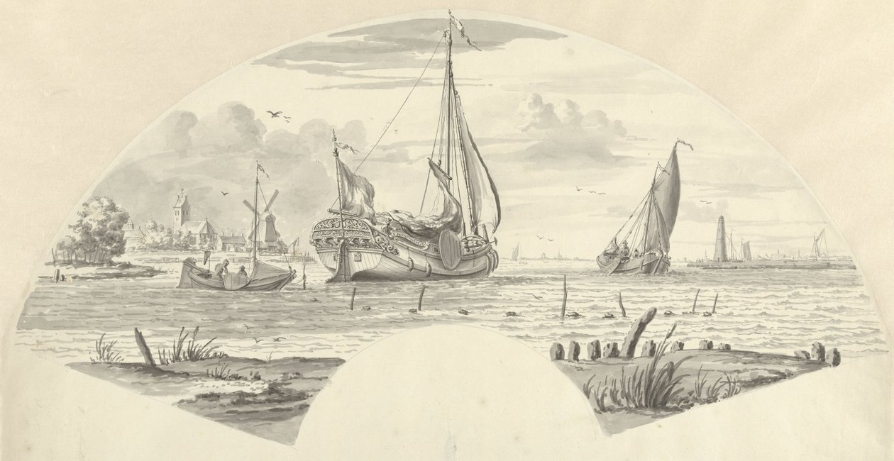 Ansicht einiger Boote auf dem Wasser und einer Mühle bei einer Kirche von Pieter Idserts