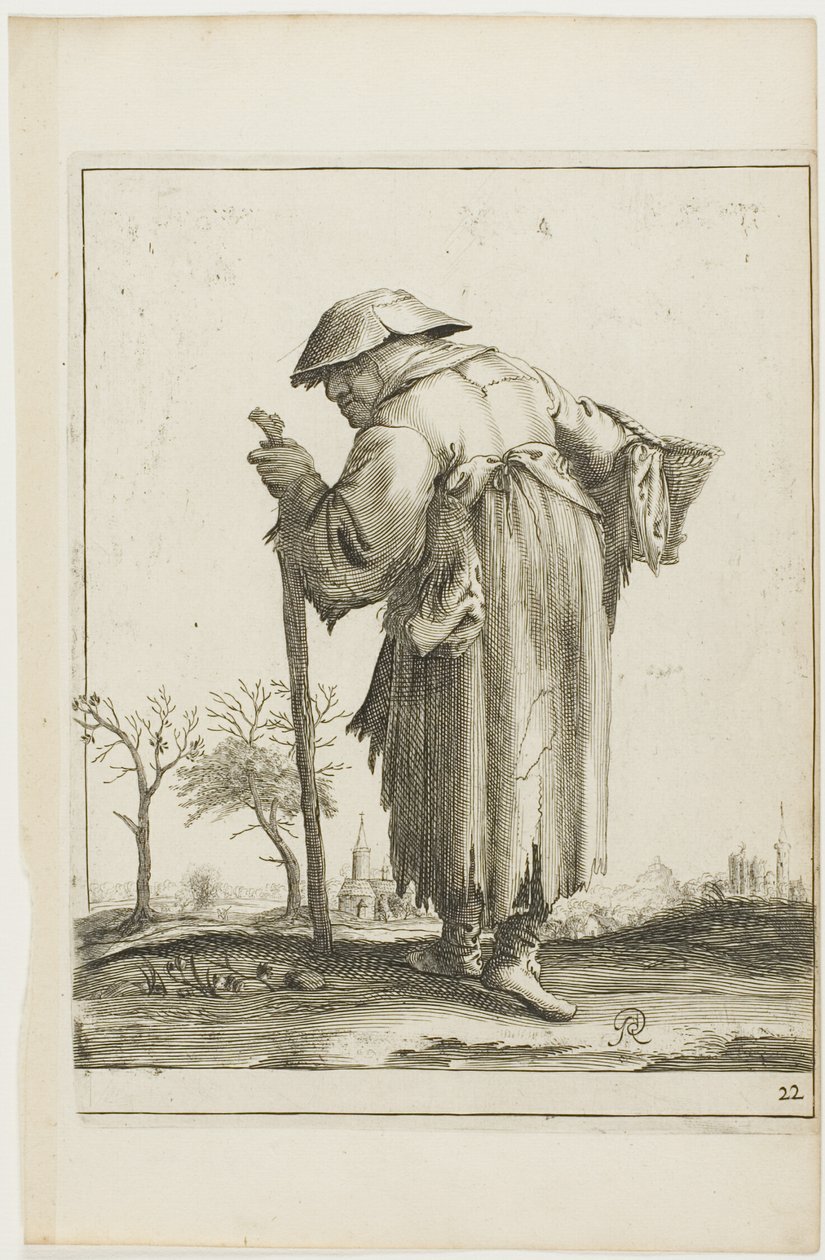 Marschierende Bettlerin mit einem Korb, aus T is al verwart-gaern von Pieter Jansz. Quast