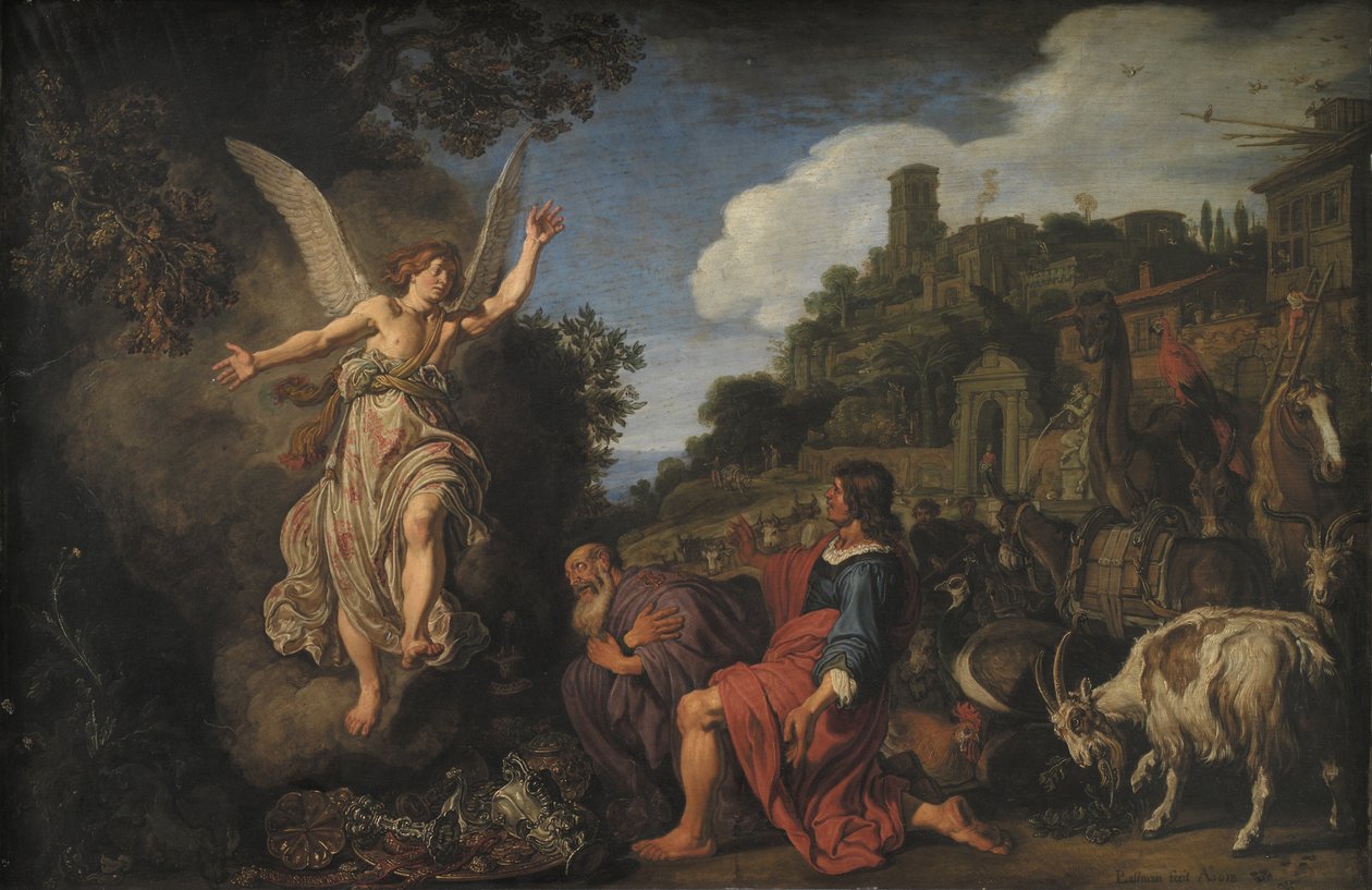 Der Engel Raphael verabschiedet sich von dem alten Tobit und seinem Sohn Tobias von Pieter Lastman