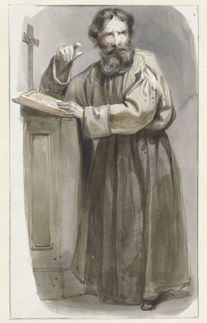 Stehender Geistlicher bei einem Katheder mit Kruzifix und Bibel von Pieter Marinus van de Laar (attributed to)