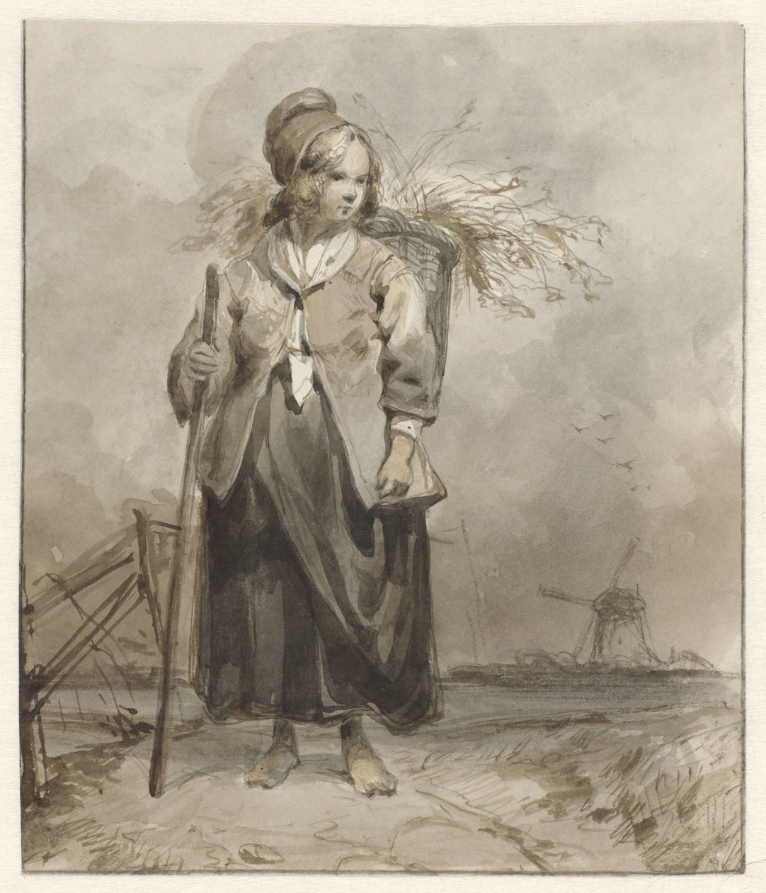 Stehende Frau mit Stock und Korb auf dem Rücken von Pieter Marinus van de Laar (attributed to)