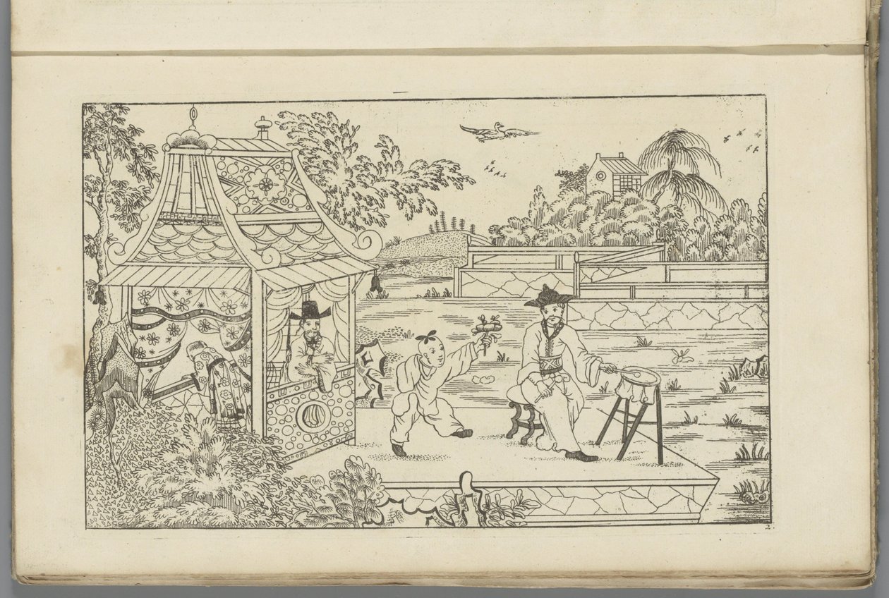 Chinesischer Trommler auf Plateau in Landschaft von Pieter Schenk (II)