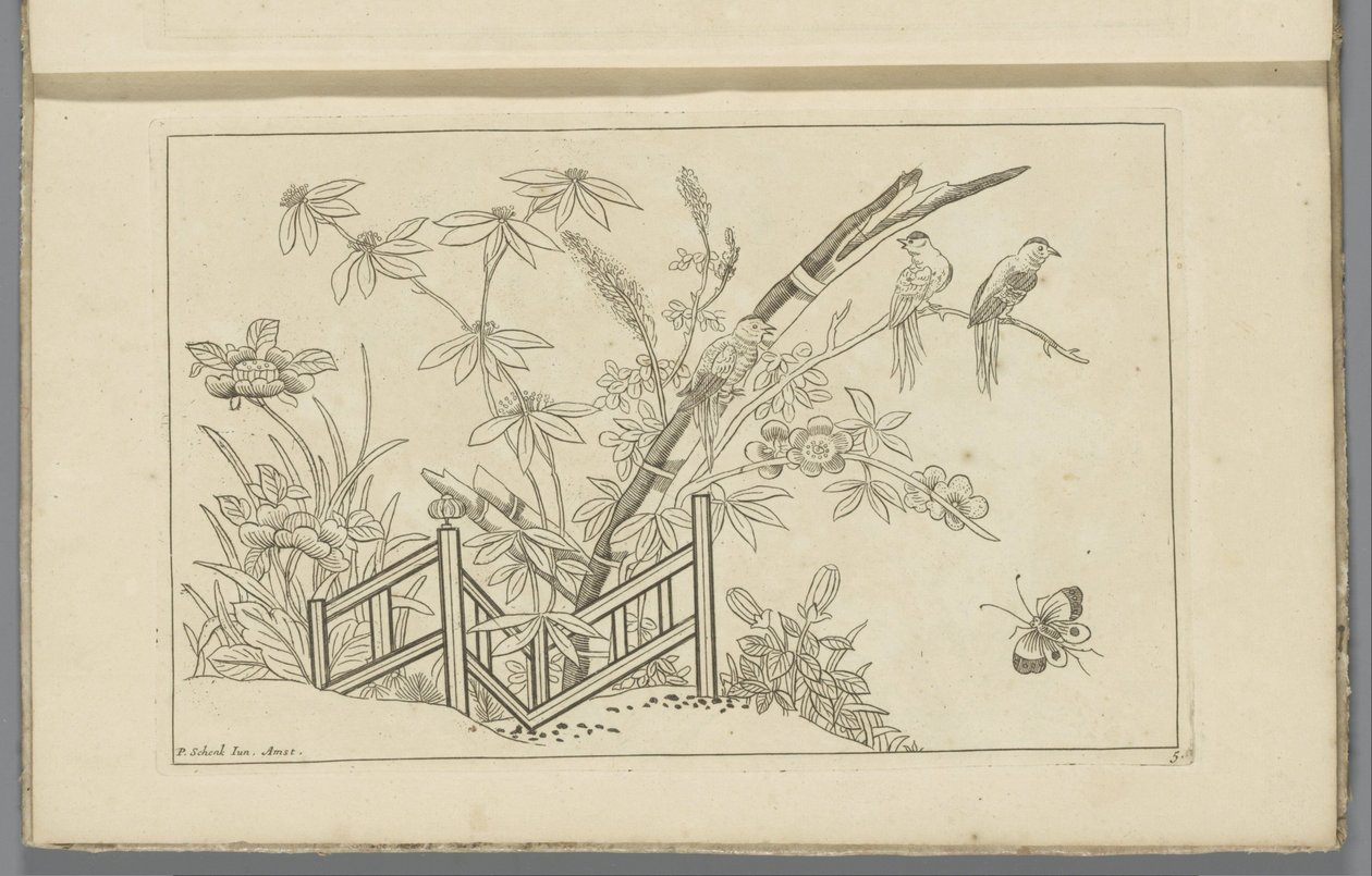 Drei Vögel in einem blühenden Baum von Pieter Schenk (II)