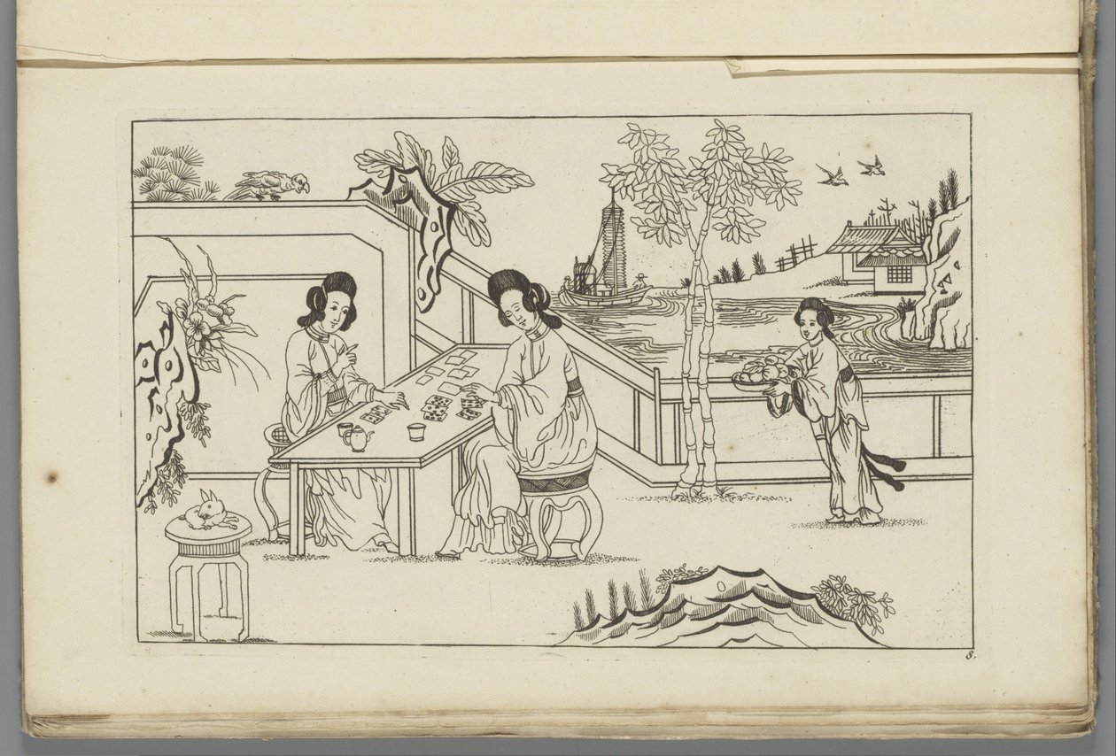 Landschaft mit zwei chinesischen Frauen, die ein Kartenspiel spielen von Pieter Schenk (II)