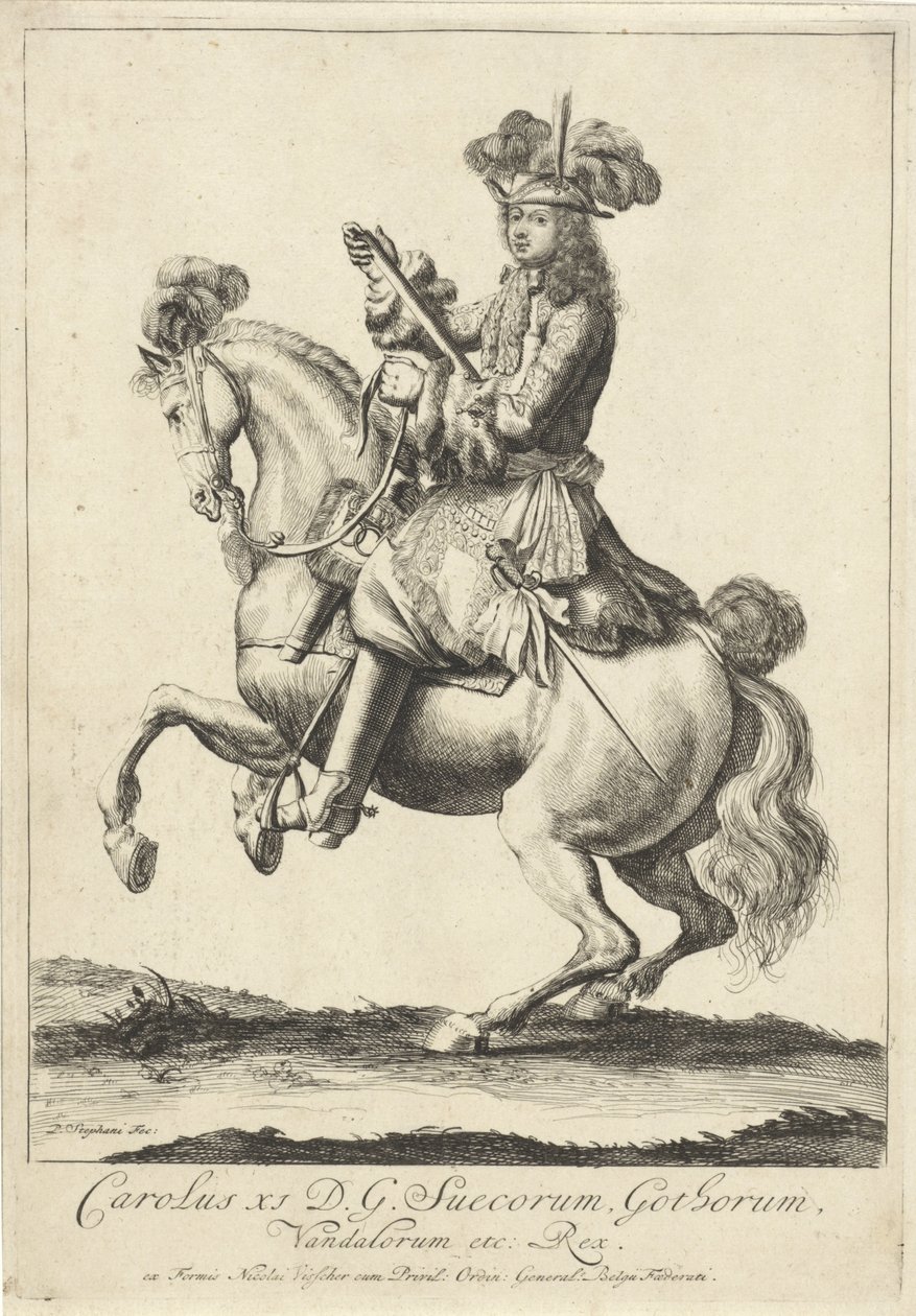 Reiterporträt von König Karl XI. von Schweden von Pieter Stevens (vermeld in 1689)