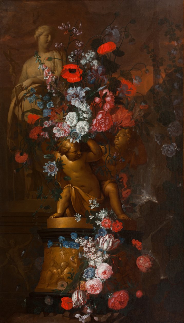 Kaskadierende Blumen mit Skulpturen einer weiblichen Heiligen und goldenen Putti auf einem Sockel mit einer Krippenszene in einem Garten in der Dämmerung von Pieter & Terwesten Mattheus (1670-1757) Hardime