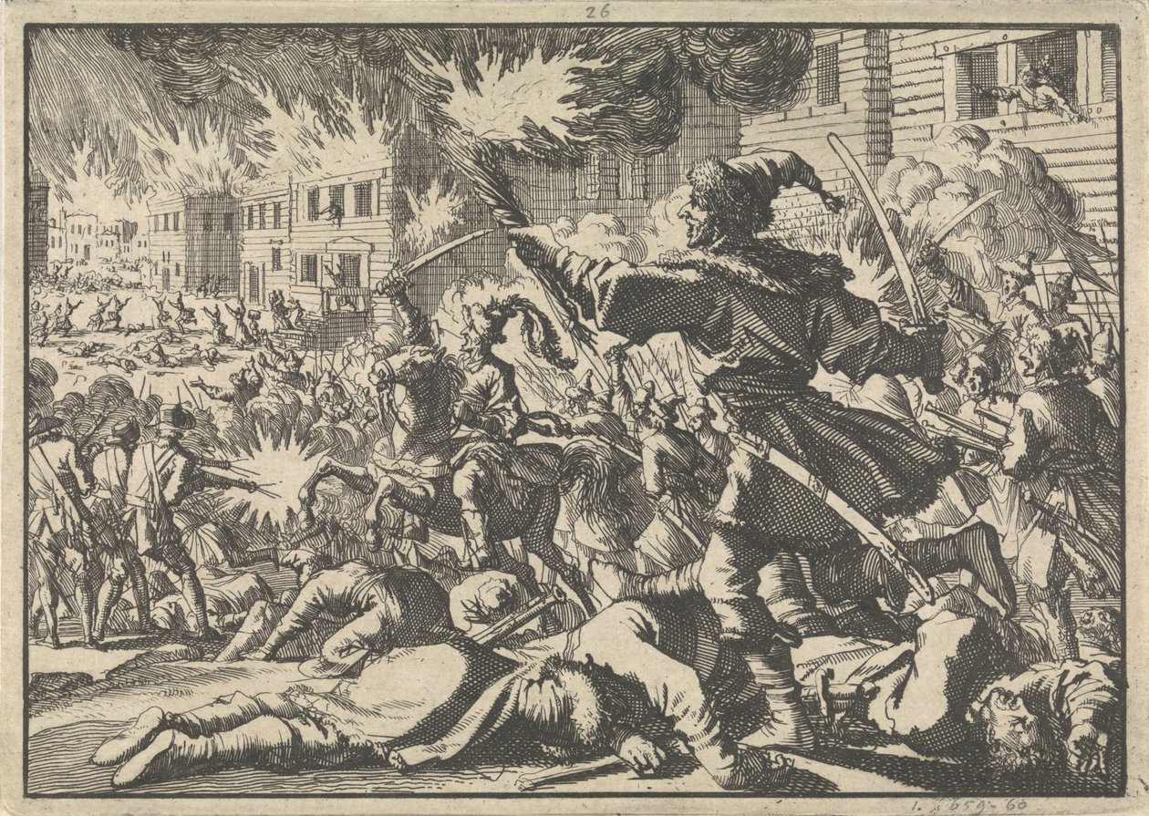Straßenkämpfe in Moskau zwischen Russen und Polen im Jahr 1611, 1698 von Pieter Van der Aa