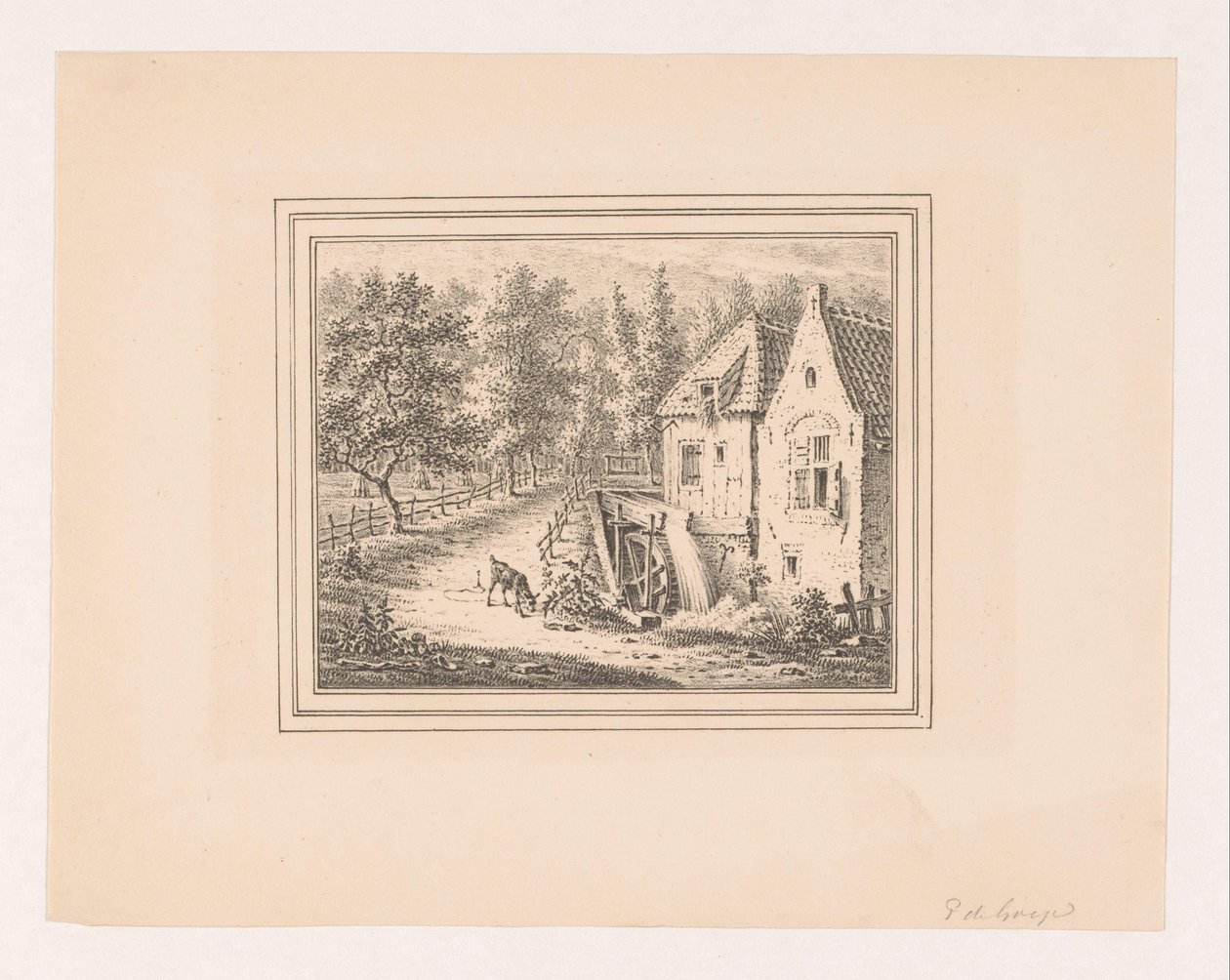 Landschaft mit Wassermühle und einer ziehenden Ziege an einem Seil von Pieter de Goeje