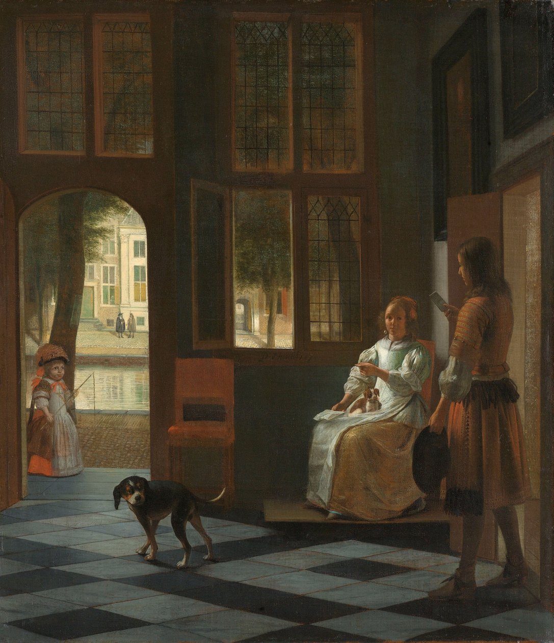 Mann übergibt einer Frau einen Brief in der Eingangshalle eines Hauses von Pieter de Hooch
