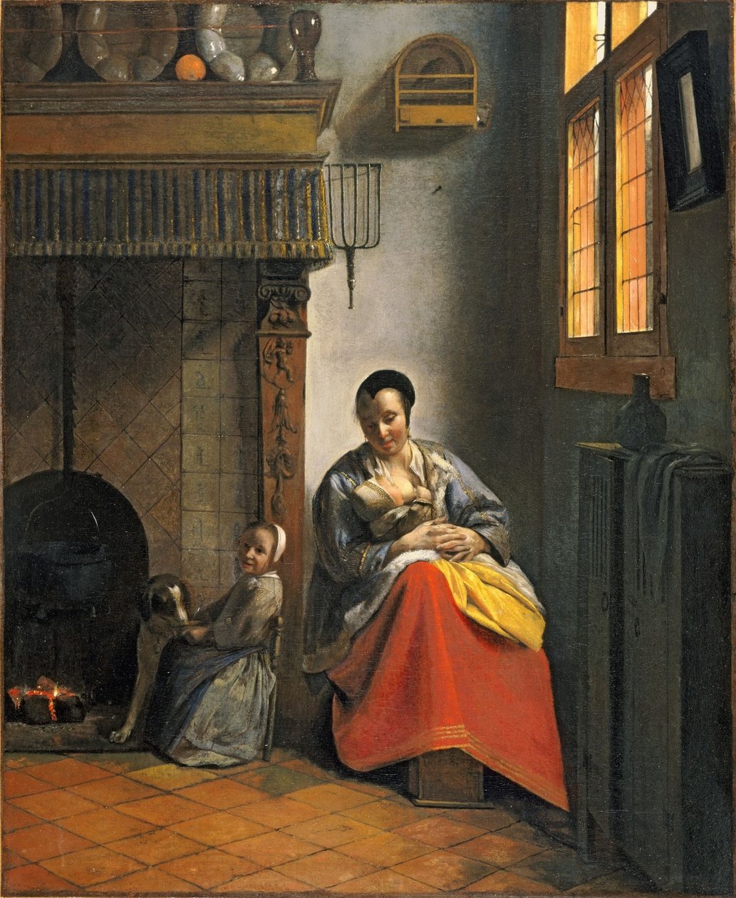 Frau stillt ein Kind, mit einem Kind und einem Hund von Pieter de Hooch