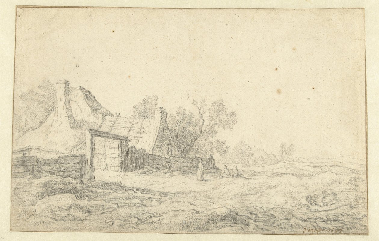 Dünenlandschaft mit drei Figuren vor einem Bauernhof von Pieter de Neyn