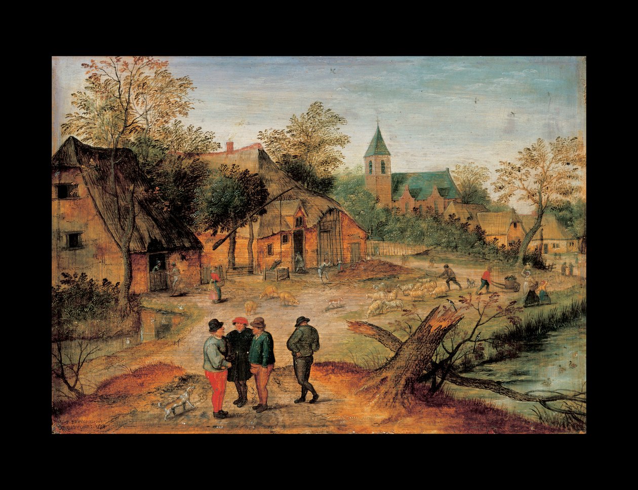 Ein Dorflandschaft mit Bauern, die im Vordergrund sprechen, 1634 von Pieter Brueghel the Younger