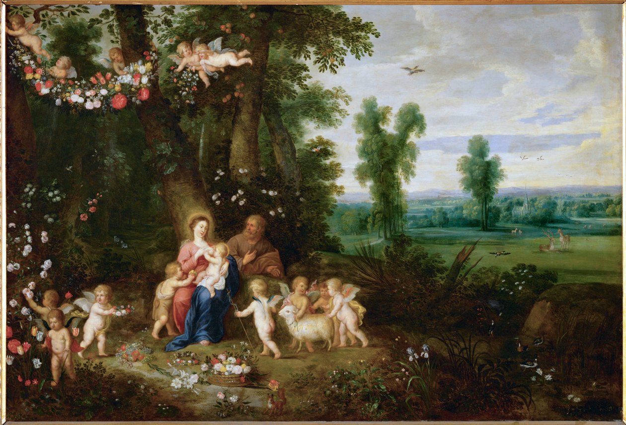 Die Heilige Familie mit Johannes dem Täufer und Engeln von Pieter van Avont