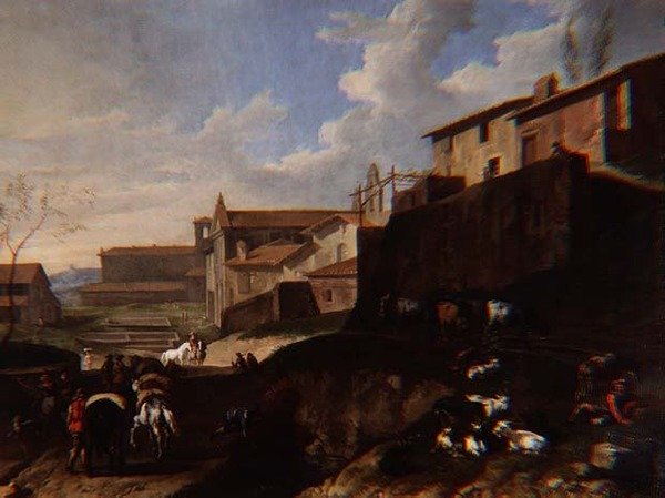 Capriccio-Ansicht mit Kirchen, Hütten und Reisenden von Pieter van Bloemen