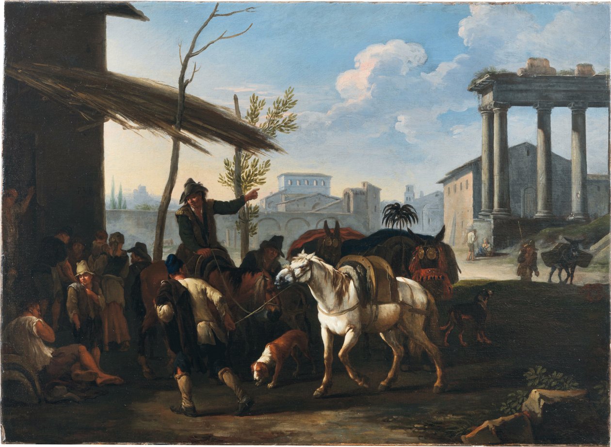 Bauern vor einem Gasthaus, eine Stadt und antike Ruinen im Hintergrund von Pieter van Bloemen