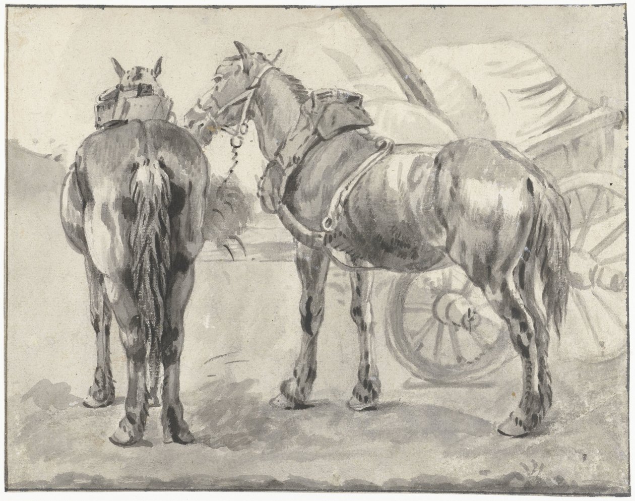 Zwei Zugpferde bei einem Wagen von Pieter van Bloemen