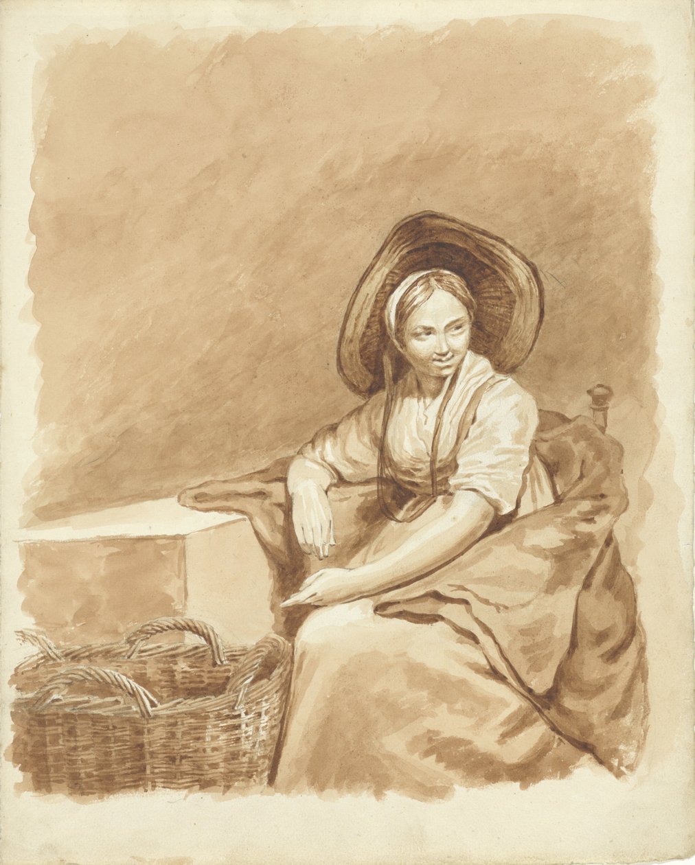 Sitzendes Mädchen mit einem großen Hut und einem Korb von Pieter van Loon